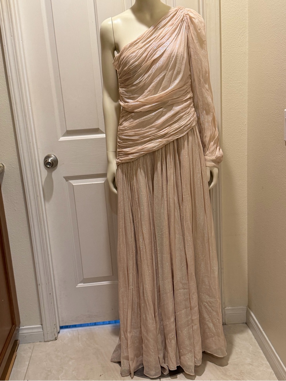 BHLDN One-Shoulder Blush Champagne Draped Gown